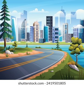 Mountain road with lake and cityscape views. Vector cartoon background