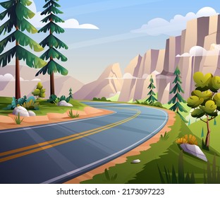 Ilustración del paisaje de las carreteras de montaña. Carretera natural con fondo de vista rocosa al acantilado