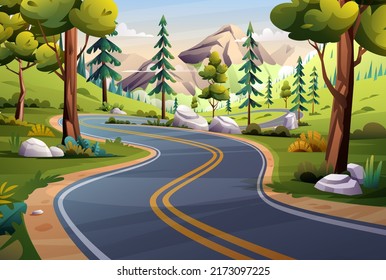 Mountain road landscape illustration. Nature highway through trees and meadow cartoon background