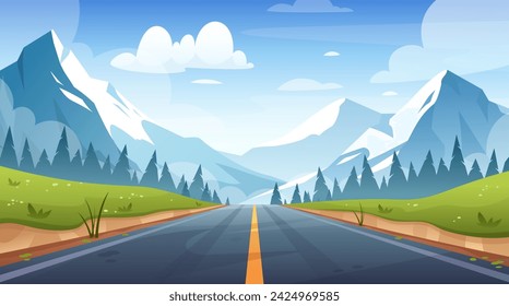 Mountain road landscape. Vector illustration of highway with spring mountains, hills, fields, beautiful sky. Road trip to horizon. Car adventure. Straight freeway for vacation, adventure, game