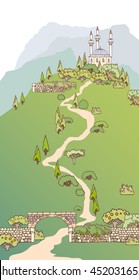Mountain road to the mosque with minarets.Hand drawn sketchy vector illustration.Religious buildings. The path up the hill to the temple
