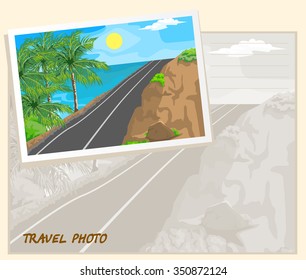 Mountain road and sea. Three palm trees. Template album.