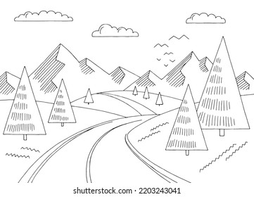 Mountain Road Simple Graphic Black White Landscape Sketch Illustration Vector 