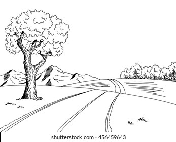 Mountain road tree graphic art black white landscape illustration vector