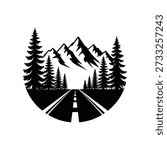 Mountain Road Trip Adventure Vector Illustration, Circular Minimalist Silhouette of Highway Through Pine Forest and Alpine Peaks for Travel Logo and Outdoor Badge Design
