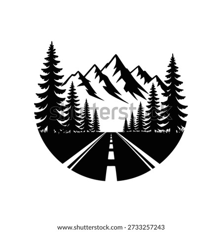 Mountain Road Trip Adventure Vector Illustration, Circular Minimalist Silhouette of Highway Through Pine Forest and Alpine Peaks for Travel Logo and Outdoor Badge Design