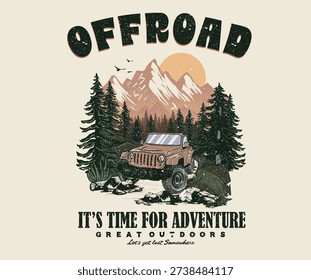 Mountain road trip by car. Hill explore vintage artwork for apparel, sticker, batch, background, poster and others. Rocky mountain camping design. Mountain Outdoors t shirt vector design.