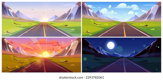 Mountain road view landscape cartoon landscape set. Vector background illustration collection with highway horizon on summer in morning, day, sunset and night. Straight freeway for adventure game