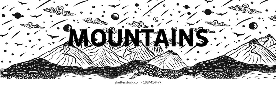 Mountain road, winding highway, mountain landscape, white and black lines on mountain landscape, vector art design t-shirts,posters and decoration of the walls.Creative mountain view and travel.