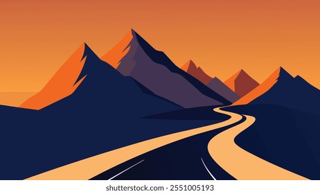 Carretera montañosa serpenteando a través de terreno escarpado, con picos majestuosos que se elevan en la Ilustración vectorial plana de fondo