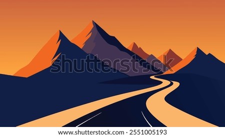 mountain road winding through rugged terrain, with majestic peaks rising in the background flat vector illustration
