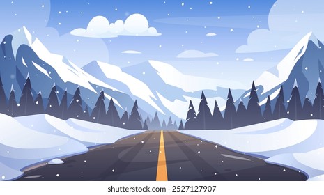 Mountain road winter landscape. Vector illustration of highway with snowy mountains, pine forest, hill, snowfall, rocks on horizon, icy peak. Road trip to ski and snowboarding resort. Christmas season