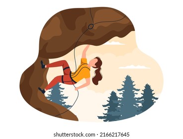 Mountain Rock Climbing Cartoon Illustration With Climber Climbs Wall Or Mountainous Cliff Use Equipment On A Nature Landscape Background