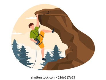 Mountain Rock Climbing Cartoon Illustration With Climber Climbs Wall Or Mountainous Cliff Use Equipment On A Nature Landscape Background