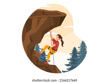 Mountain Rock Climbing Cartoon Illustration With Climber Climbs Wall Or Mountainous Cliff Use Equipment On A Nature Landscape Background