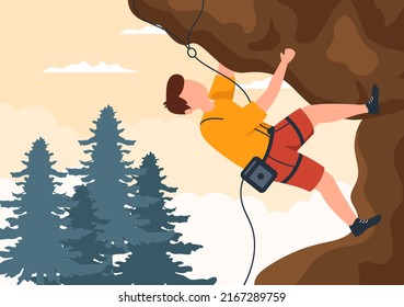 Mountain Rock Climbing Cartoon Illustration With Climber Climbs Wall Or Mountainous Cliff Use Equipment On A Nature Landscape Background