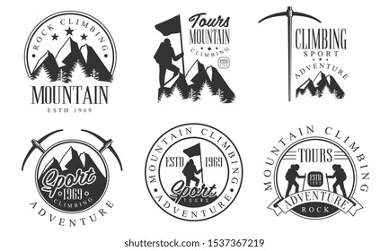 Mountain Rock Climbing Retro Logo Set, Rock Sport Adventure Monochrome Badges Vector Illustration