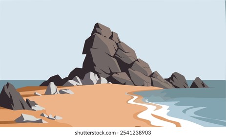 Ilustración vectorial de la isla de la roca de la montaña, orilla rocosa de la playa. 