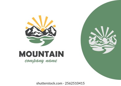 Mountain rock Landscape Vintage Logo with trekking and sunset or sunrise graphic Silhouette. ravine as symbol of nature exploration vector logo illustration