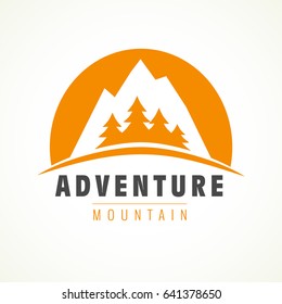 Mountain rock and pines outdoor camping labels. Adventure mountain pine tree logo. Vector climbing label, hiking travel and adventure illustration