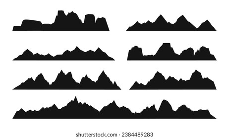 Mountain rock silhouettes. Rocks peaks, black mountains landscape shapes. Cliffs and hills valley. Adventure or sport climbing, decent nature vector set