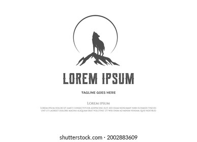 Mountain Rock Stone with Howling Wolf and Moon for Outdoor Camping Adventure Logo Design Vector