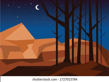 mountain rock with trees in the night for background and image