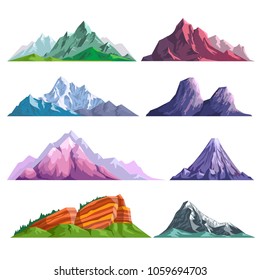 Mountain rocks or alpine mount hills nature flat isolated icons set