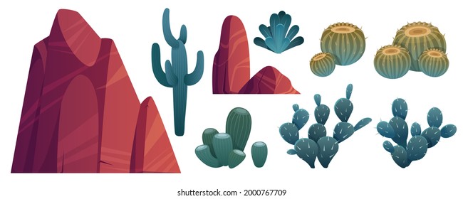 Mountain rocks and cacti, stones with green desert piked plants. Natural elements, wild west nature flora for pc game formation isolated on white background. Cartoon vector illustration, icons set