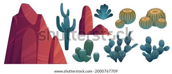 Mountain rocks and cacti, stones with green desert\
piked plants. Natural elements, wild west nature flora for pc game\
formation isolated on white background. Cartoon vector\
illustration, icons\
set