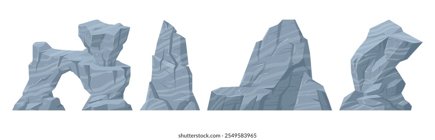 Rochas da montanha. Pedras de granito, pedras pesadas cinzentas, camadas conjunto de ilustração de vetor plano rochas. Coleção de pedras de rocha de desenhos animados