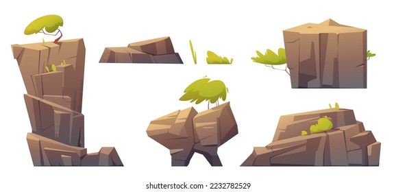 Mountain rocks, island or stones with green trees and plants, natural elements, geological materials texture or pc game formation isolated on white background. Cartoon vector illustration, icons set