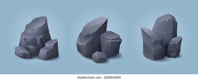 Mountain rocks, stones or boulders natural elements for design, geological materials with realistic texture. Rocky pieces of different shape isolated on white background 3d vector illustration, set