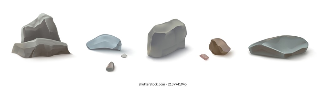 Mountain rocks, stones, pebbles or boulders, natural design elements , geological materials with realistic texture. Rocky pieces of different shapes and sizes, Isolated 3d vector illustration, set