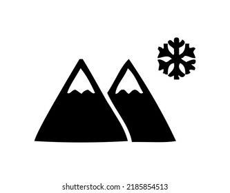 Mountain with rocky peaks and snowflake, nature, graphic, vector, illustration in black and white color, isolated on white background
