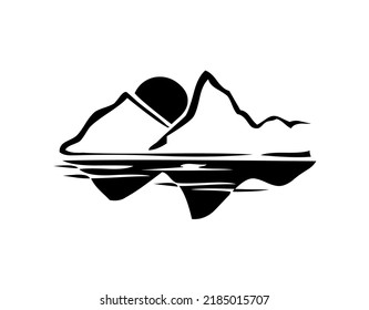 Mountain with rocky peaks and sun, nature, graphic, vector, illustration in black and white color, isolated on white background