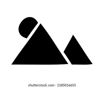 Mountain with rocky peaks and sun, nature, graphic, vector, illustration in black and white color, isolated on white background