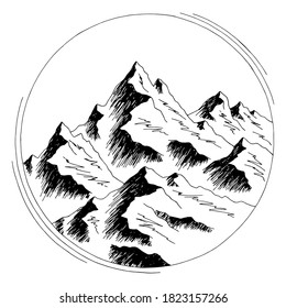 Mountain round frame range graphic black white landscape isolated sketch illustration vector