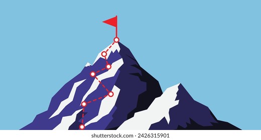 Una montaña con una ruta para el montañismo y una bandera roja en la cima, imagen plana, un camino a las montañas, un pico de montaña. El concepto de un camino empresarial hacia el éxito.