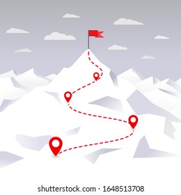 Mountain  route to peak with flag. Way to success. Way to top. Business journey path in progress to success vector concept. Mountain peak, climbing route to top rock – vector illustration
