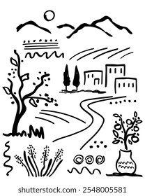 Montanha paisagem rural, oliveira, lavanda, campo do agricultor, casas, ciprestes, arbustos, montanhas no horizonte. Cartaz de arte de parede monocromático moderno abstrato, desenhado à mão com pincel preto.