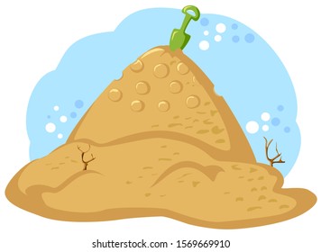A mountain of sand with shoulder blade against the background of the sea. Abstract image of a pyramid with windows in the perception of a child. EPS10 vector illustration