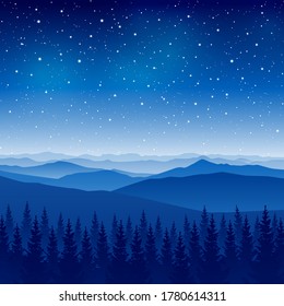 Mountain scene with coniferous forest on starry sky background - night landscape for poster and banner design