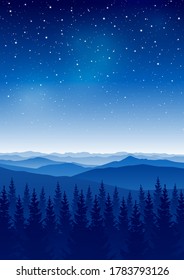 Mountain scene with coniferous forest on starry sky background - night vertical landscape for poster and banner design