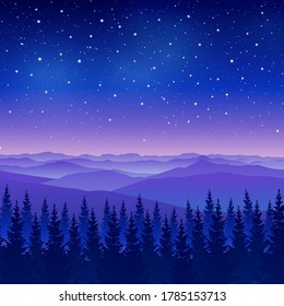 Mountain scene with coniferous forest on starry sky background - night landscape for poster and banner design
