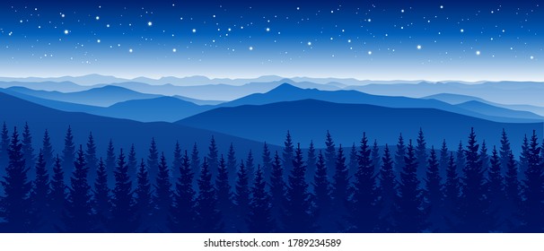 Bergszene mit Nadelwald auf Sternenhimmel-Hintergrund - Panorama-Horizontallandschaft für Bannerdesign