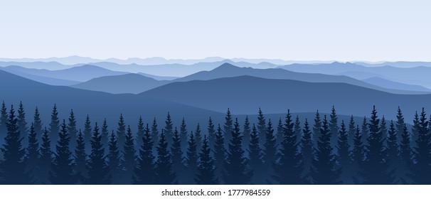 Mountain scene with coniferous forest - panoramic horizontal landscape for banner design