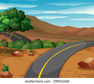 Escena de montaña con ilustración de carreteras vacías