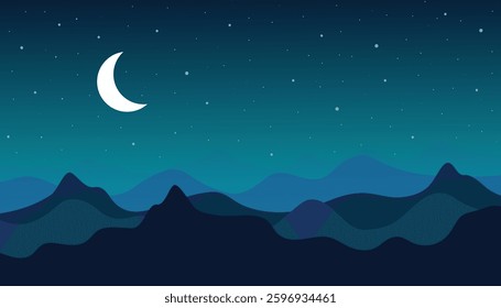 Mountain scene at night time with moon and stars on the sky. night mountain silhouette vector background