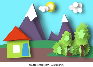 Mountain Scene Paper World. Rural Life With Cut, House, Meadow, Trees, Clouds, Sun. Colorful Crafted Countryside. Summer Landscape. Cutout Applique. Hanging Elements. Vector Illustrations Art Design.